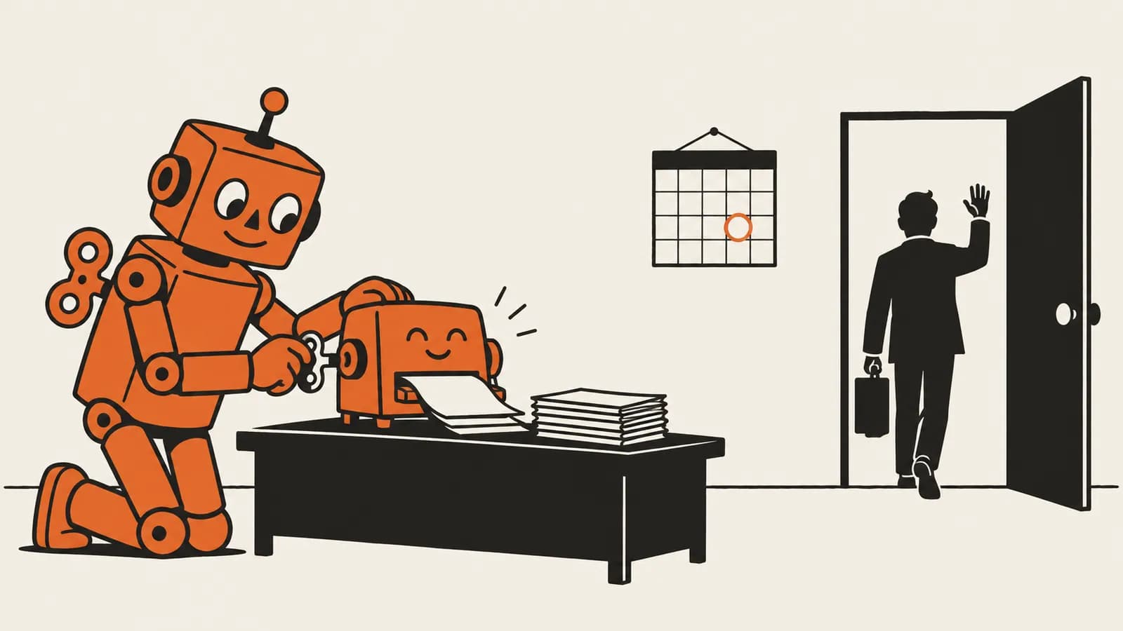 Vectorillustratie van een opwindrobot die een kleinere machine opwindt, terwijl een figuur met een koffer door de deur vertrekt