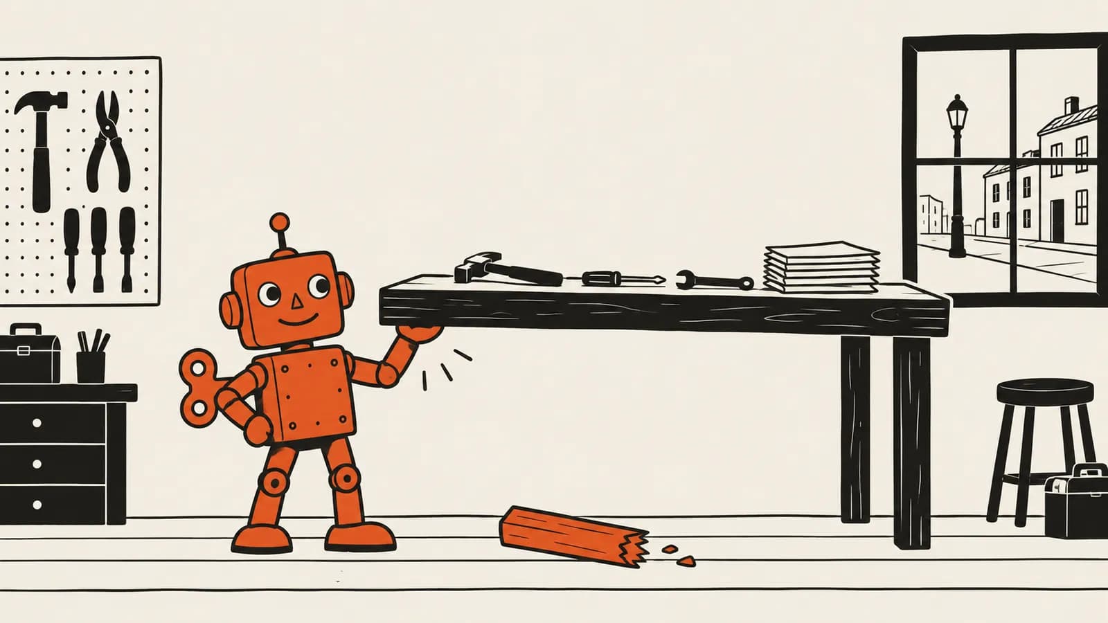 Vectorillustratie van een opwindrobot die een werkbank met een afgebroken poot recht houdt, zodat er niets van valt