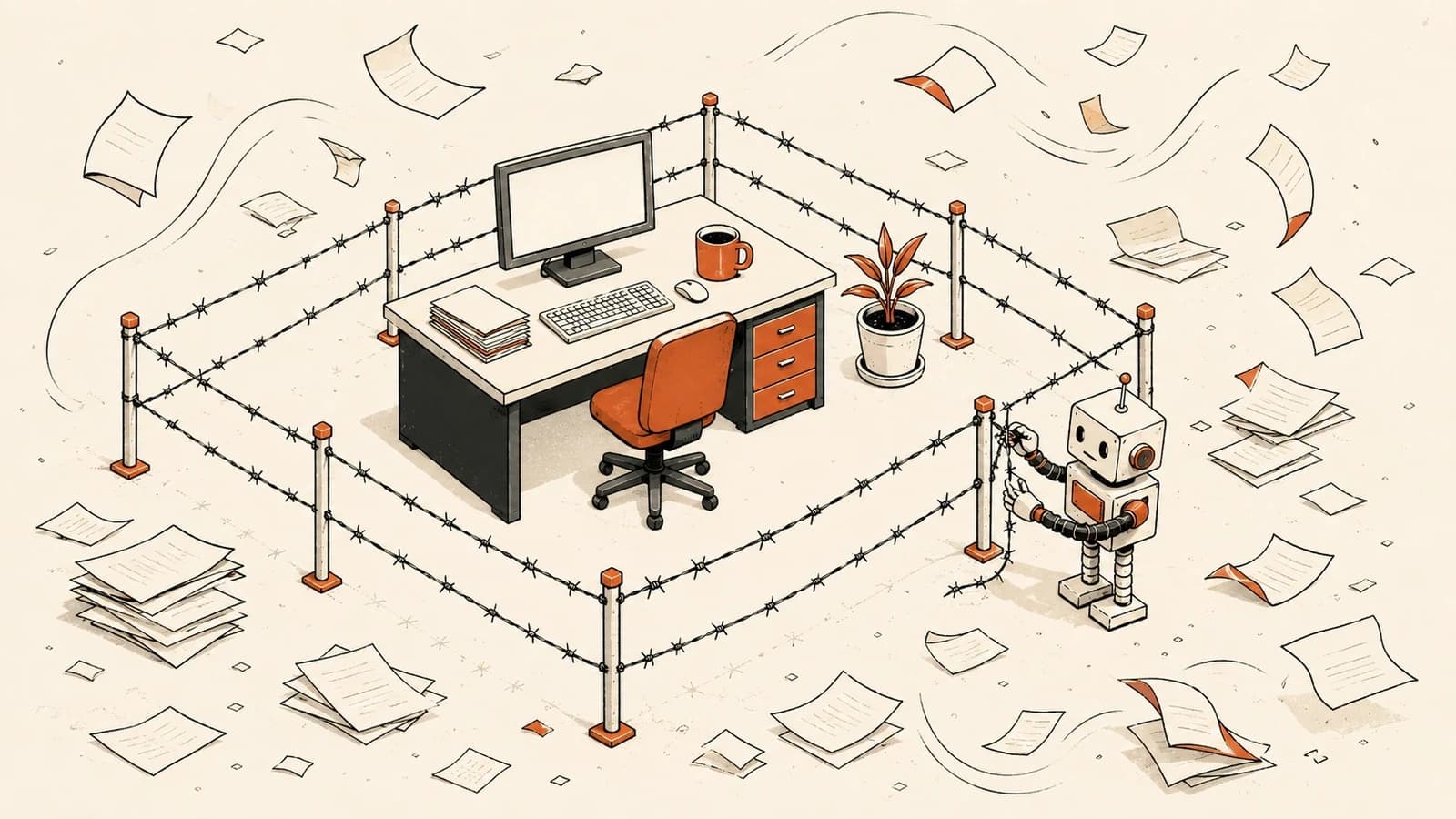 Handgetekende illustratie van een blikken speelgoedrobot die een omheining van prikkeldraad bouwt rond een opgeruimd bureau, terwijl buiten de omheining papieren chaotisch rondvliegen