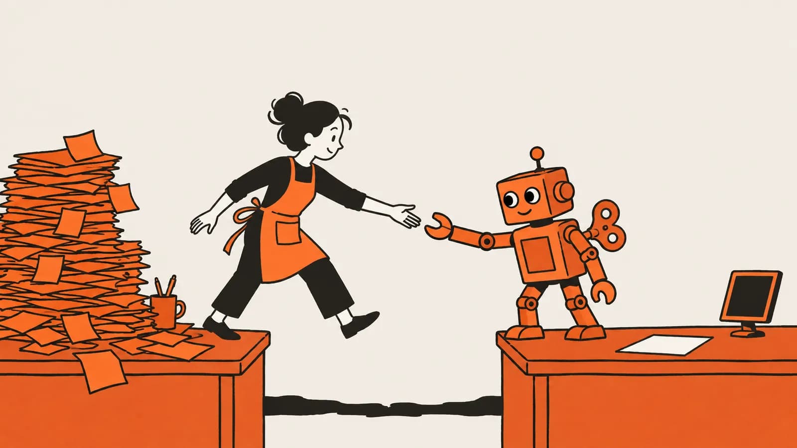 Vectorillustratie van een opwindrobot die een zaakvoerder over een kloof tussen twee bureaus helpt