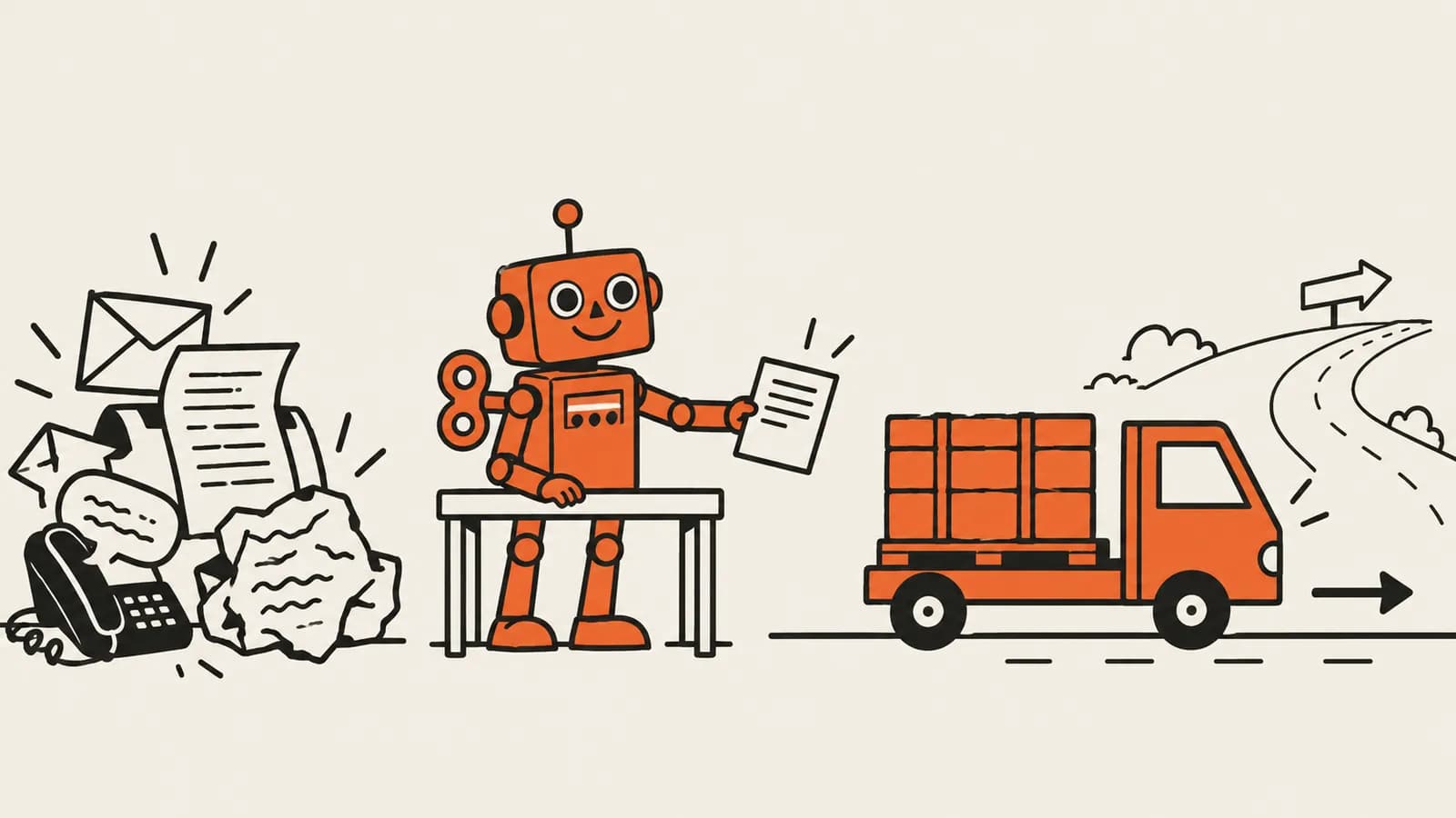 Vectorillustratie van een opwindrobot die tussen een stapel binnenkomende bestellingen en een kleine vrachtwagen staat en één nette orderbon doorgeeft