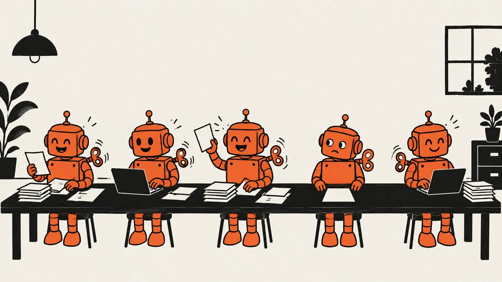 Vectorillustratie van vijf opwindrobots aan een werktafel: vier zijn opgewonden en aan het werk, één zit stil met de sleutel nog in de rug