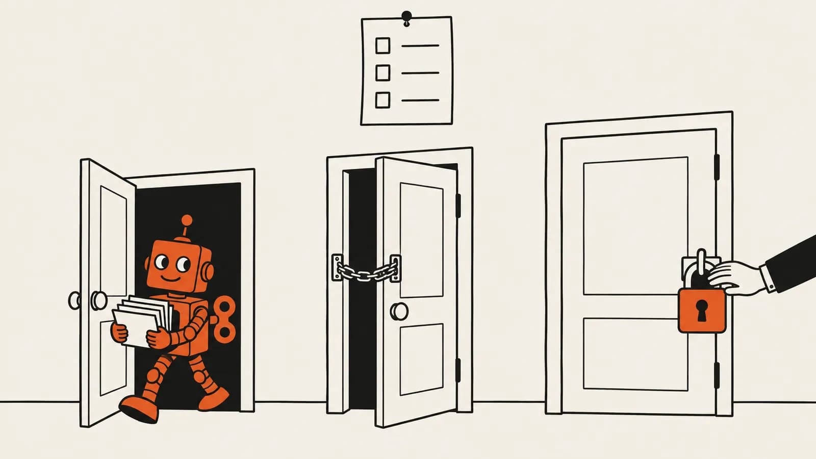 Vectorillustratie van een opwindrobot voor drie deuren: één open, één op een ketting, één op slot met een hand op het hangslot