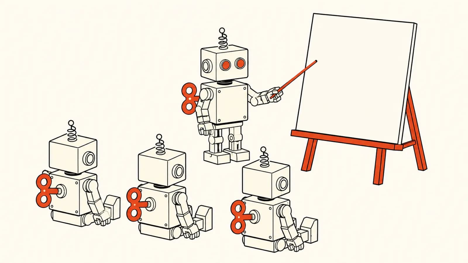 Illustratie van drie kleine robots die als leerlingen naar een vierde robot kijken, die met een aanwijsstok voor een leeg bord staat