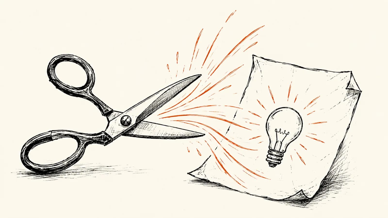 Handgetekende inktillustratie: een schaar wil een budgetpapier met een gloeilamp doorknippen, maar de oranje stralen van de gloeilamp buigen de schaar weg. Metafoor voor besparen op innovatie.