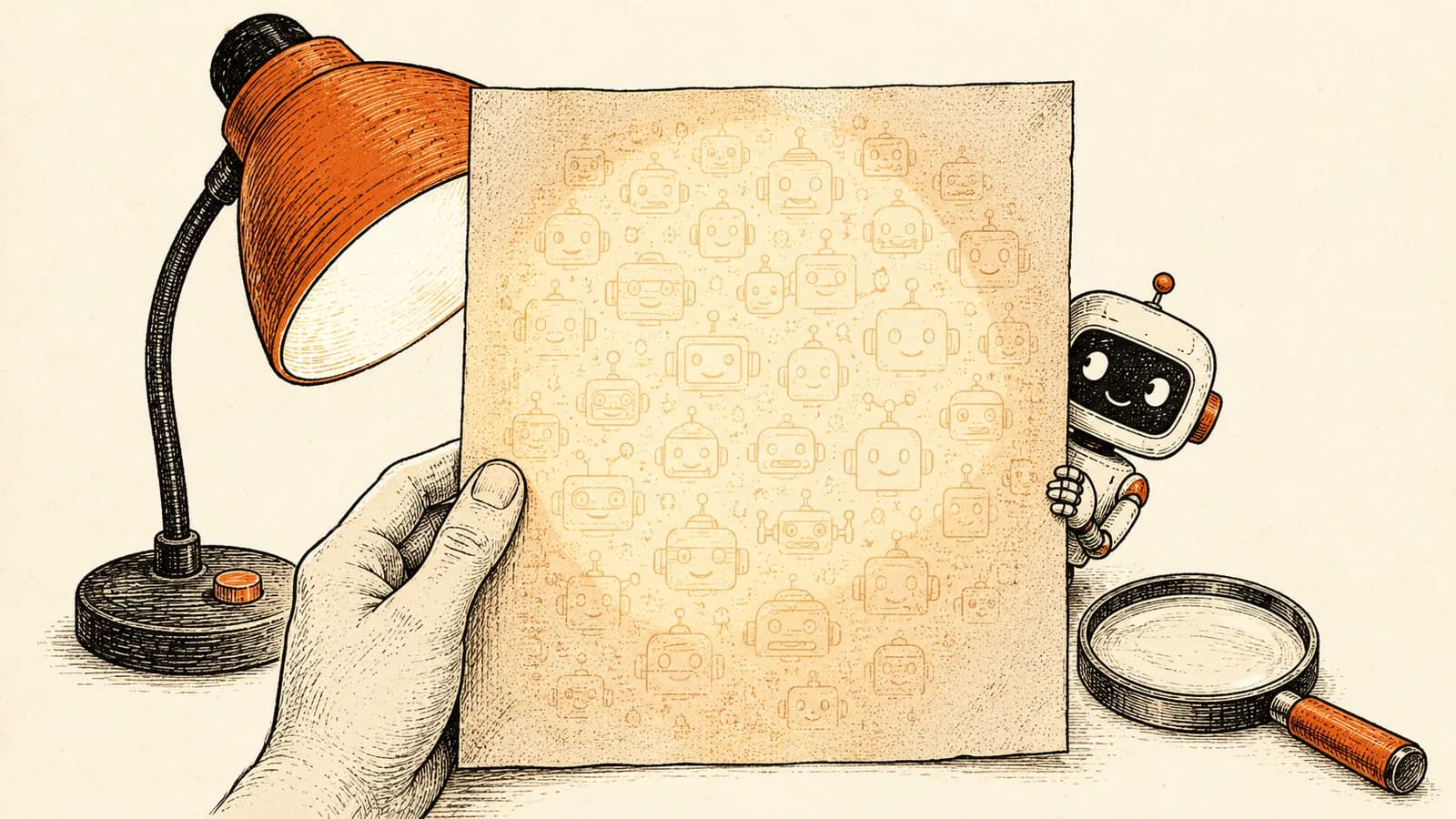 Illustratie van een vel papier tegen het licht waarin een verborgen watermerkpatroon zichtbaar wordt, met een kleine robot die meekijkt