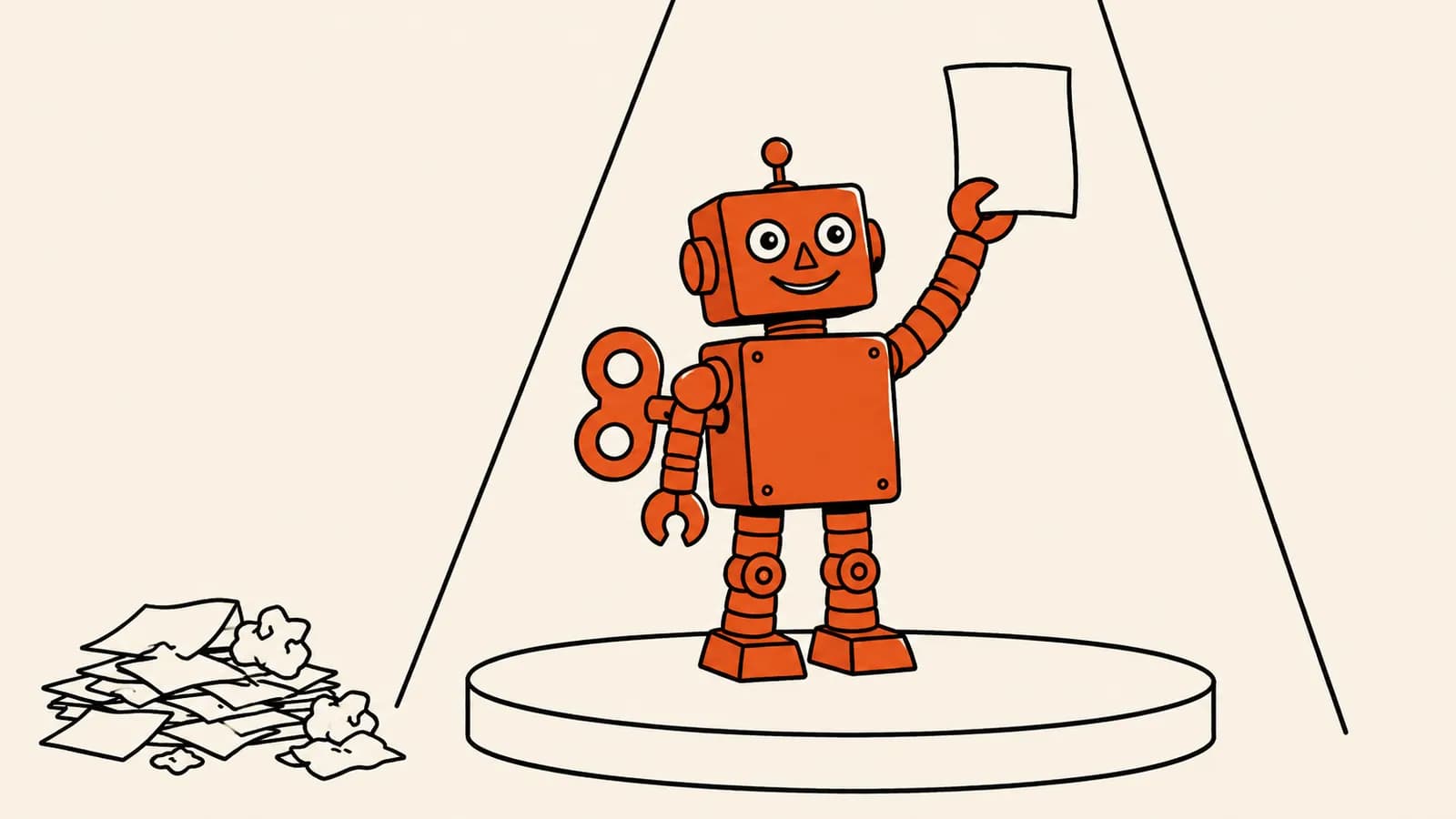 Vectorillustratie van een opwindrobot in een spotlicht op een podium