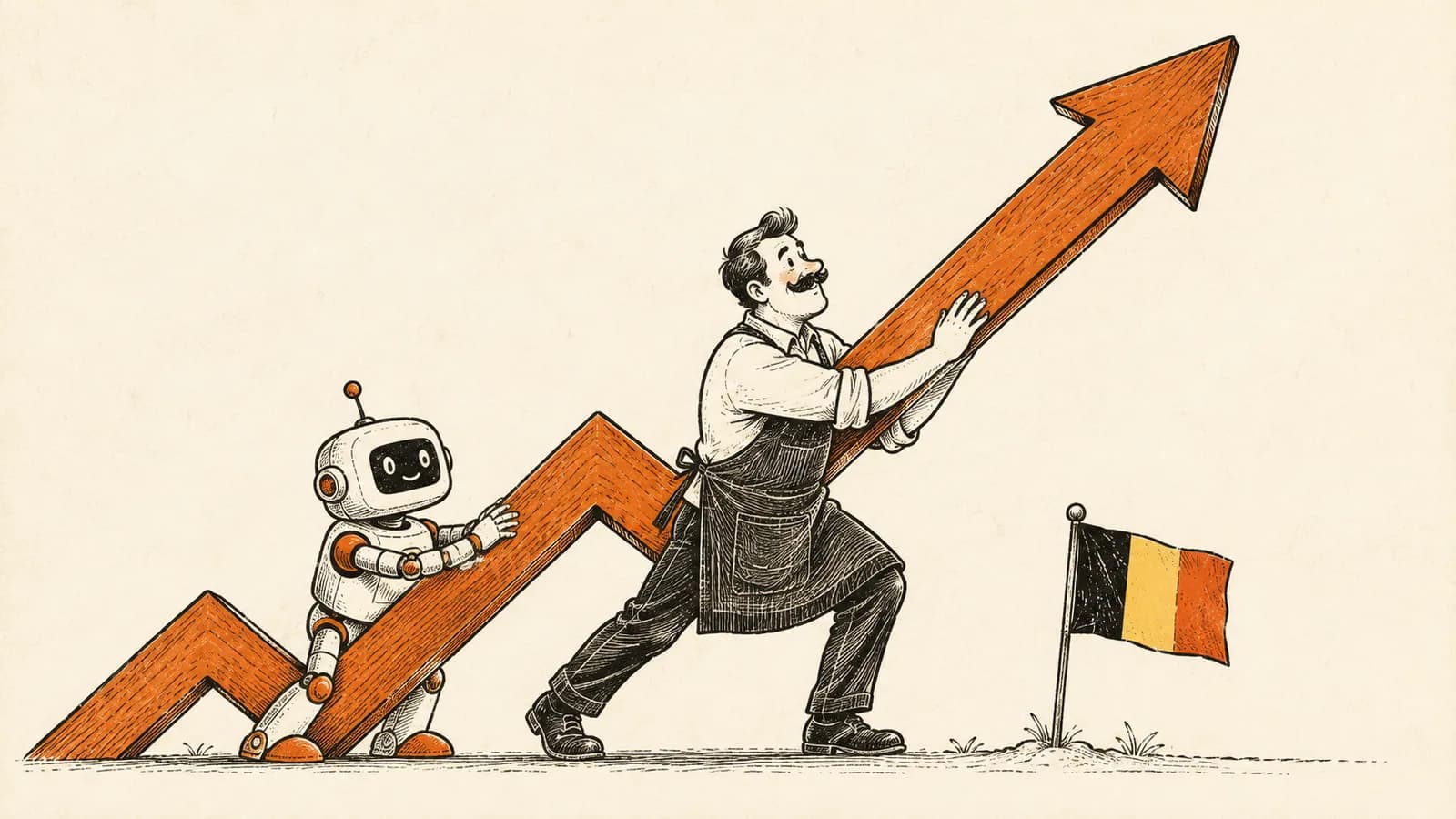 Illustratie van een winkelier en een kleine robot die samen een stijgende groeicurve omhoog duwen