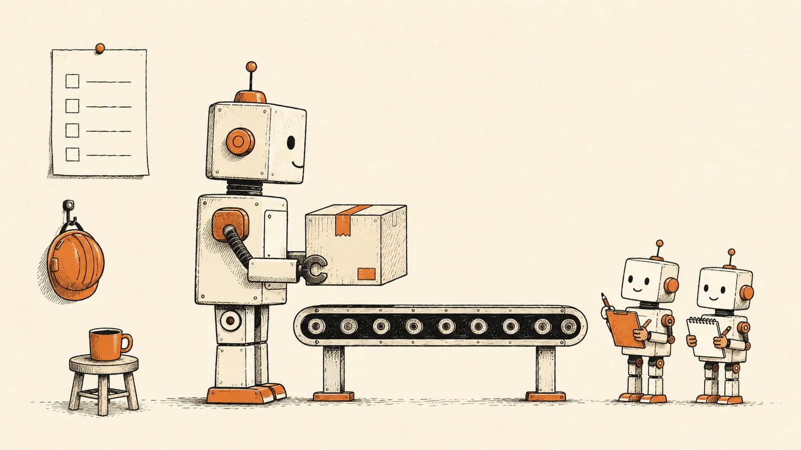 Robot pakt één doos van een lopende band, twee kleine robots kijken toe