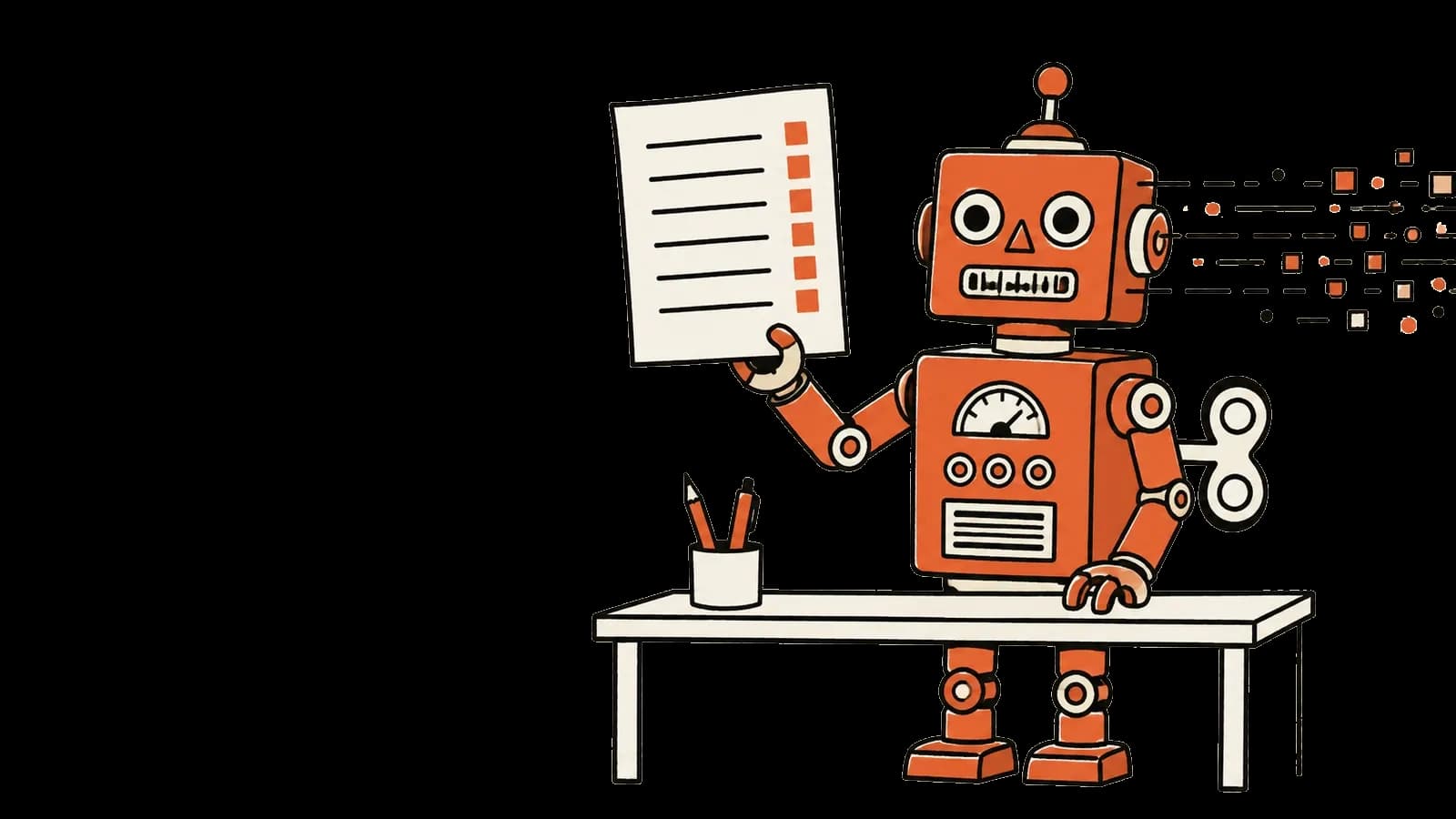 Vectorillustratie van een opwindrobot die een factuur vasthoudt die aan de rechterkant overgaat in een stroom datablokjes