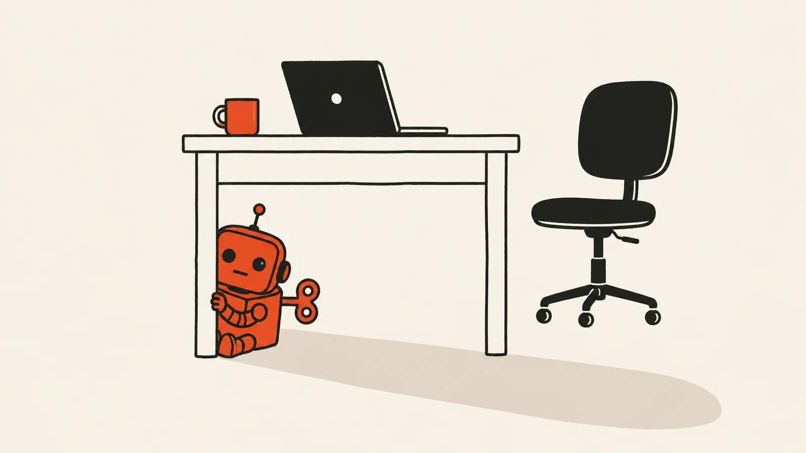 Vectorillustratie van een robot die zich verstopt onder een bureau in een kantoor
