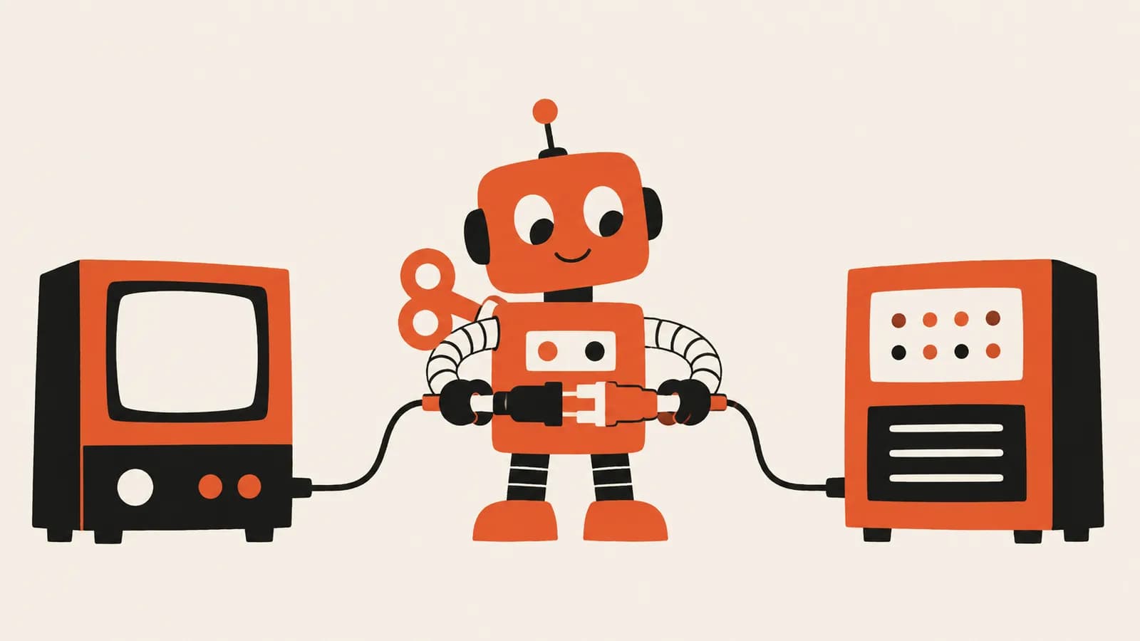 Vectorillustratie van een opwindrobot die twee kabels vasthoudt en twee machines met elkaar verbindt