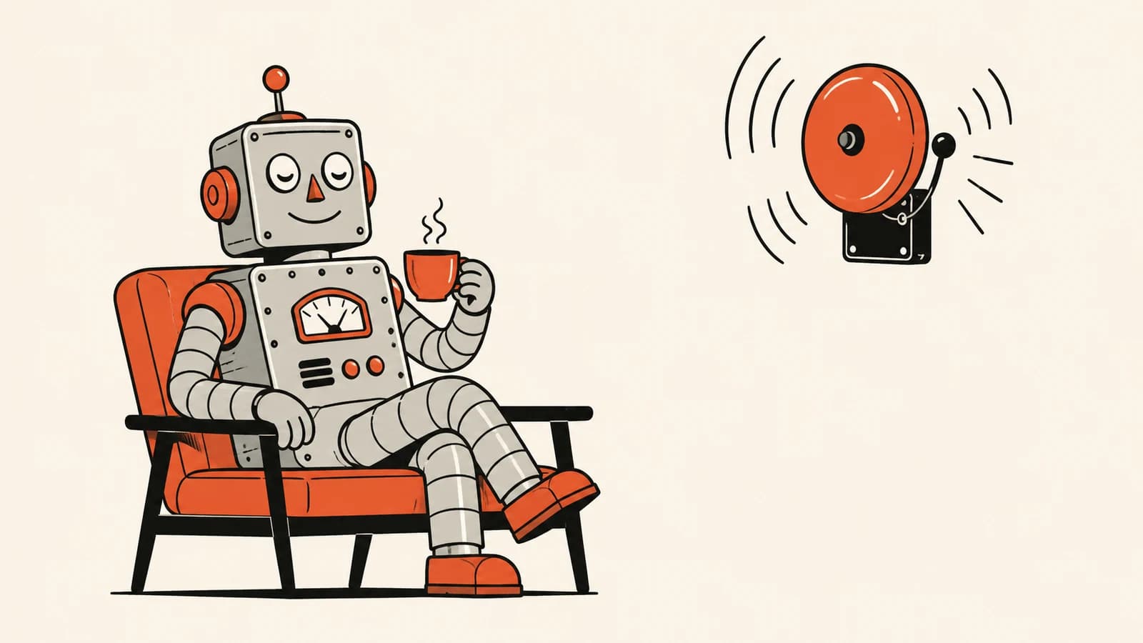Een tinnen robot drinkt rustig koffie terwijl een alarmbel aan de muur afgaat