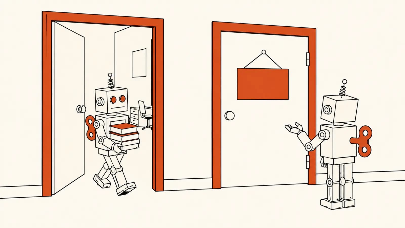 Illustratie van twee deuren: één open waar een robot met boeken doorloopt, één gesloten met een bordje ernaast en een robot die schouderophalend kijkt