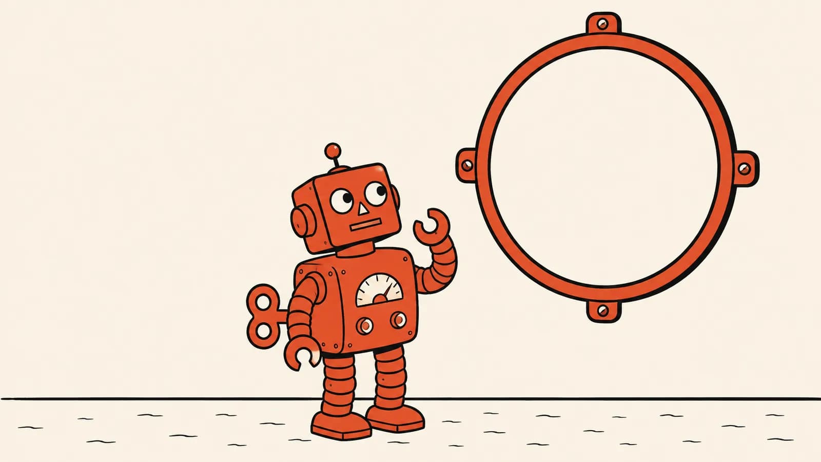 Vectorillustratie van een opwindrobot die naar een wijzerplaat kijkt zonder wijzers of cijfers