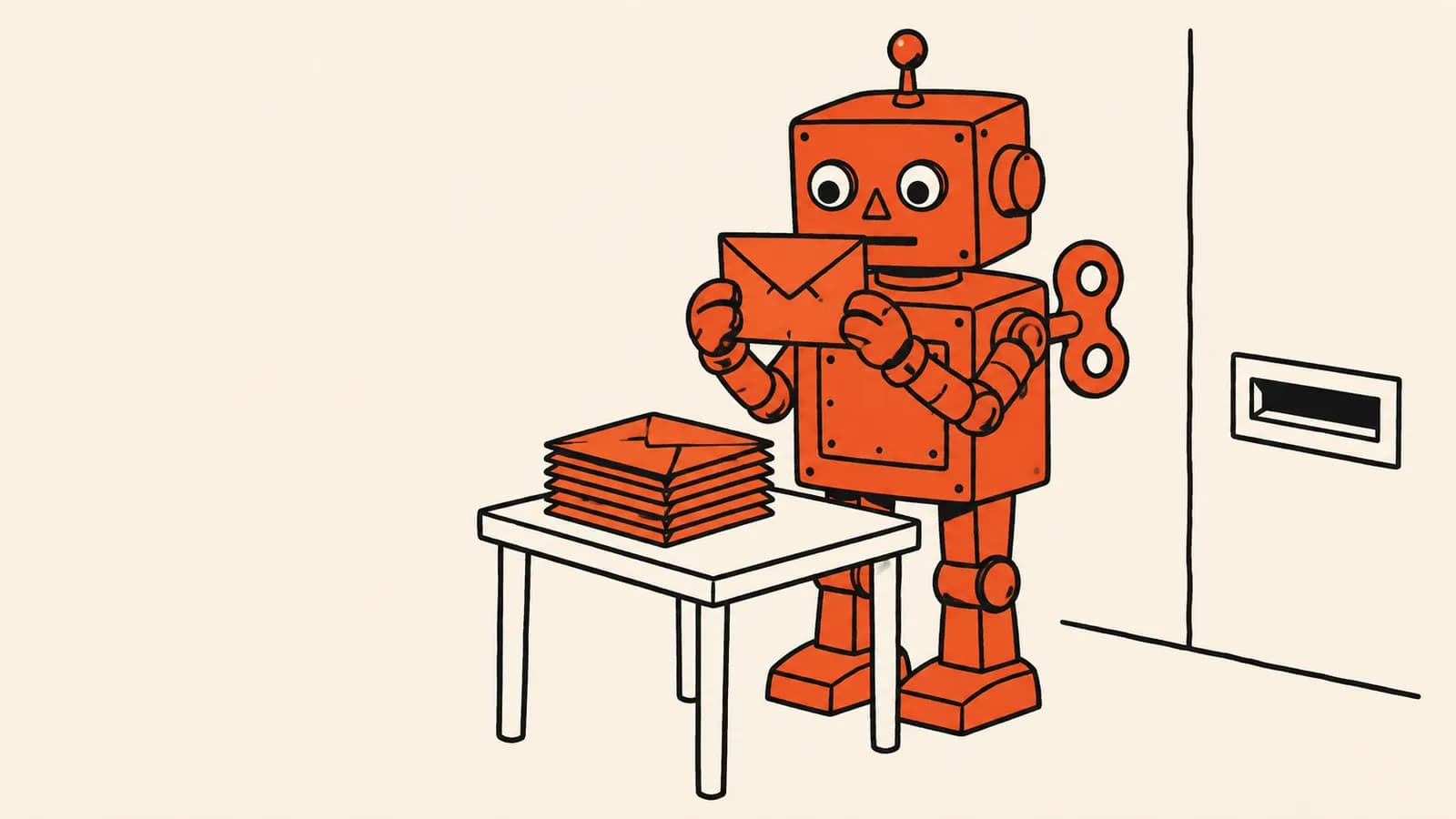 Illustratie van een speelgoedrobot die een brief eerst zelf openmaakt voor hij hem doorgeeft