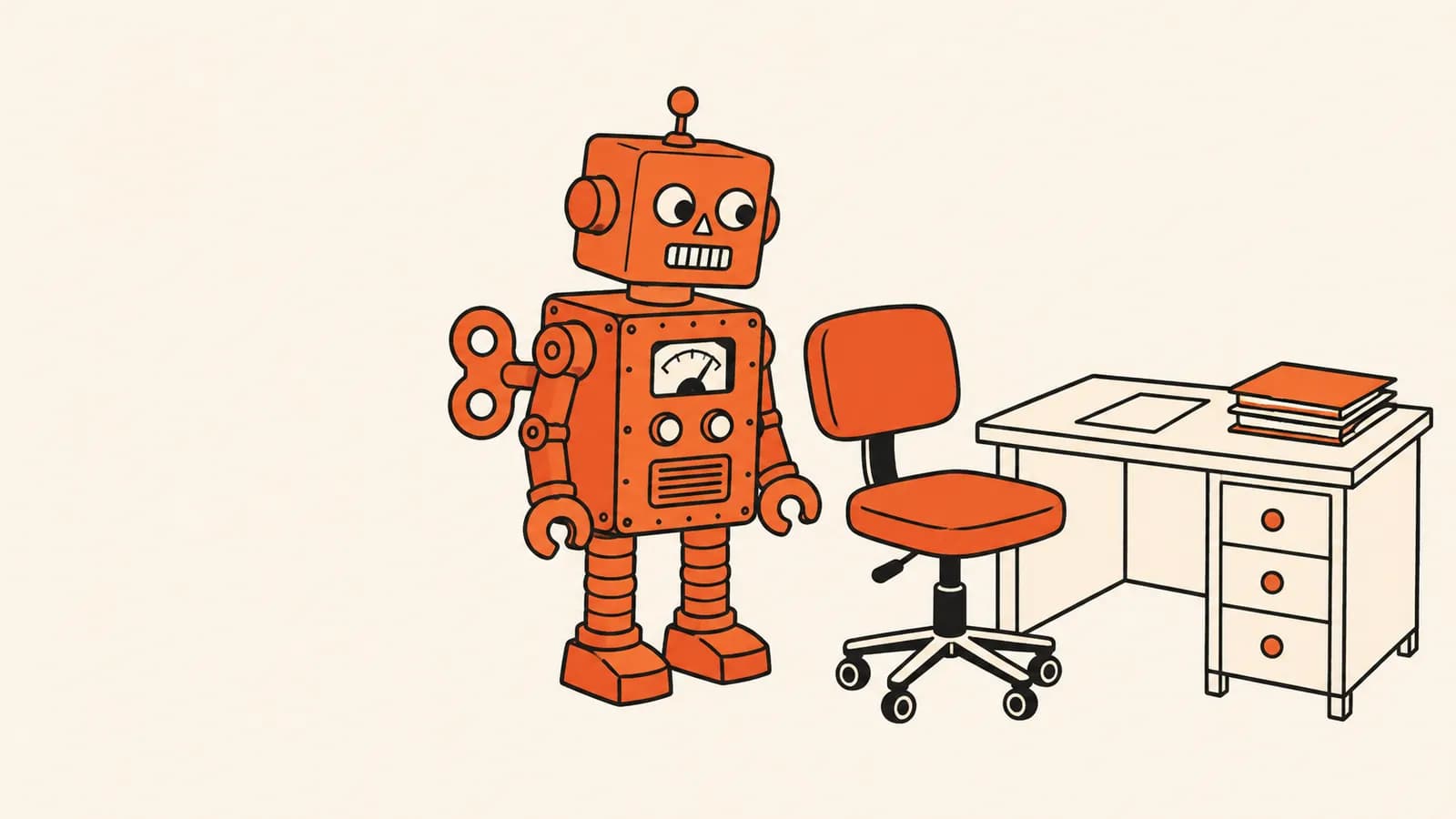 Vectorillustratie van een opwindrobot die naast een lege bureaustoel staat
