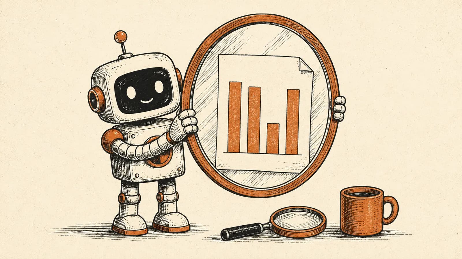 Illustratie van een robot die een spiegel vasthoudt waarin een scorekaart zichtbaar is met één opvallend lagere score