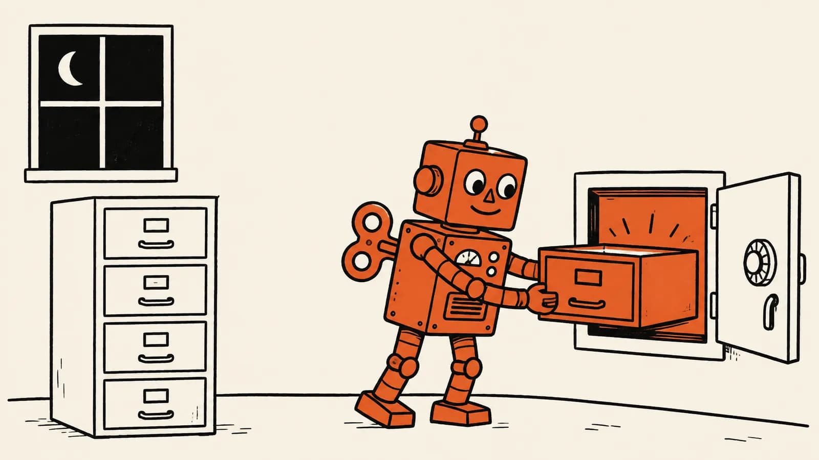 Illustratie van een speelgoedrobot die 's nachts een kopie van een dossierlade in een kleine kluis schuift