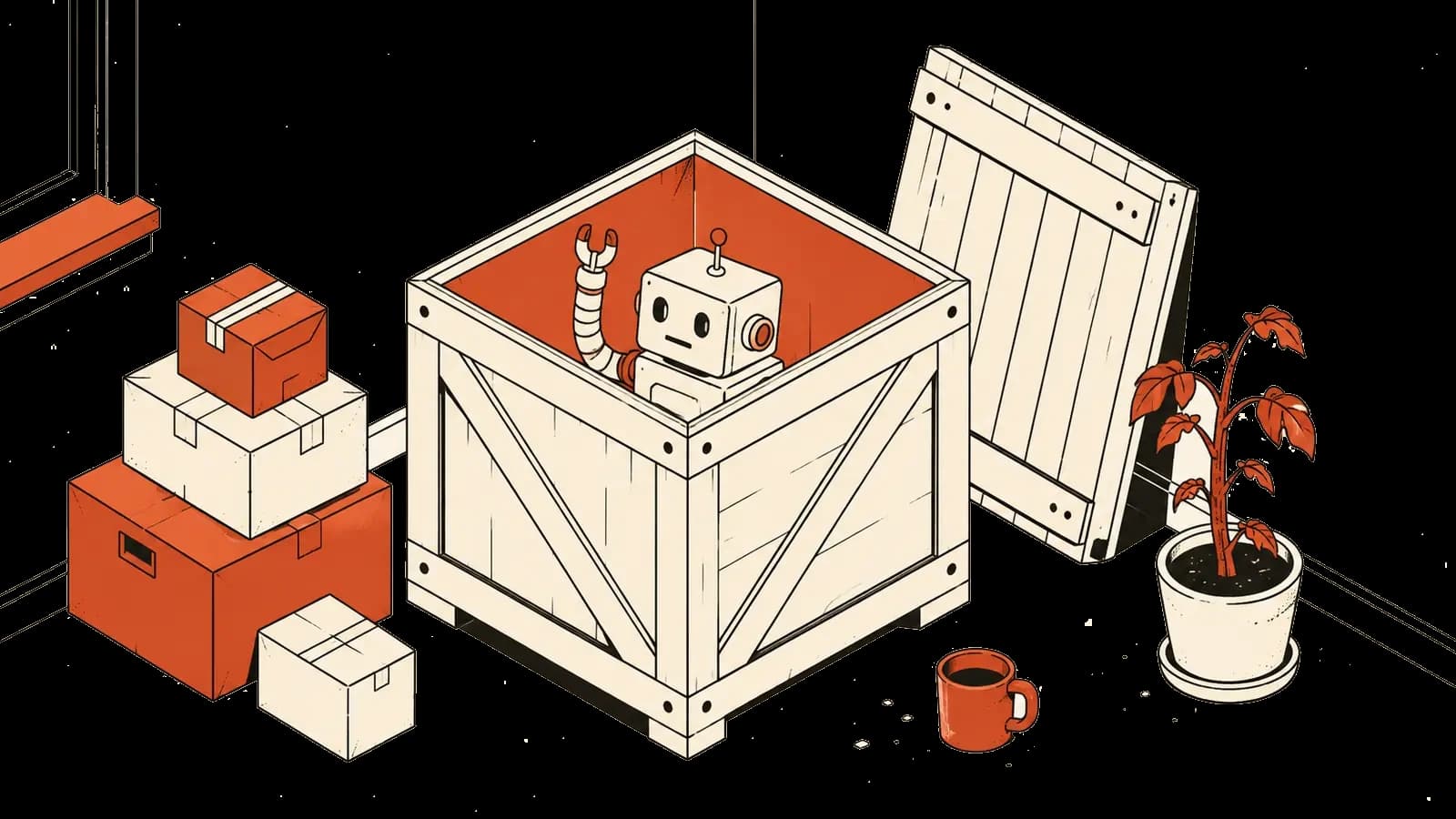 Illustratie van een half uitgepakte houten krat met een kleine robot die er nog geduldig in staat te wachten