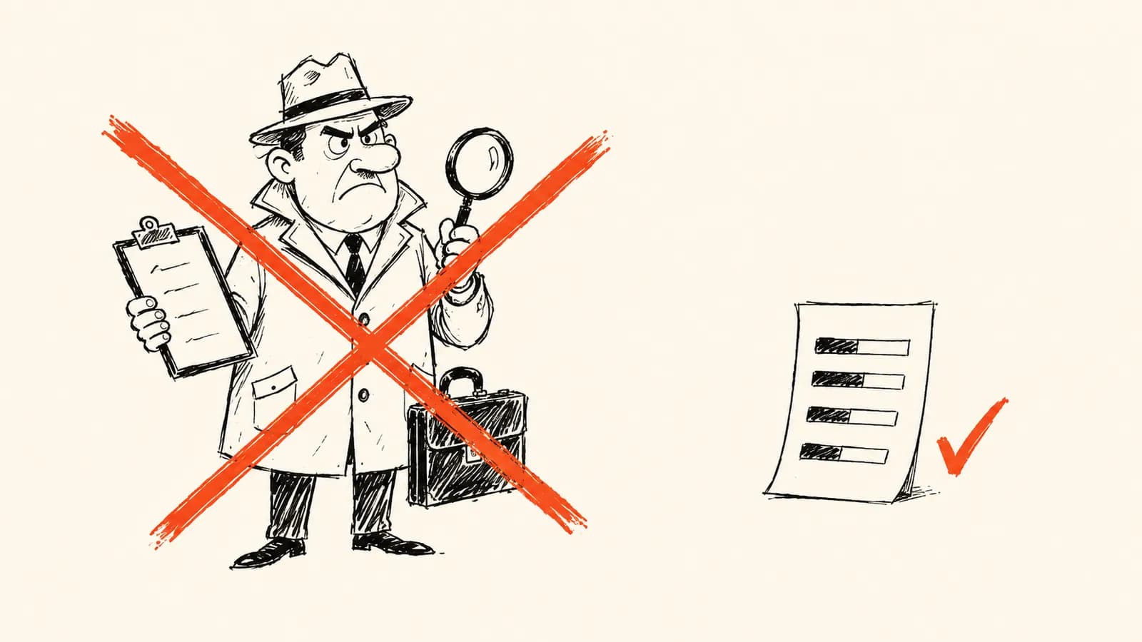 Handgetekende inkttekening: een doorstreepte inspecteur met klembord naast een eenvoudig auditrapport met scores, op een crèmekleurige achtergrond.
