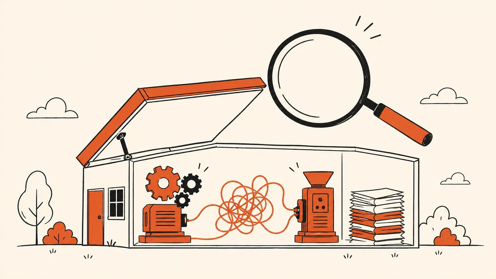 Vlakke vectorillustratie van een vergrootglas boven een bedrijfsgebouw waarvan het dak is opengeklapt, met daarin tandwielen en documenten zichtbaar