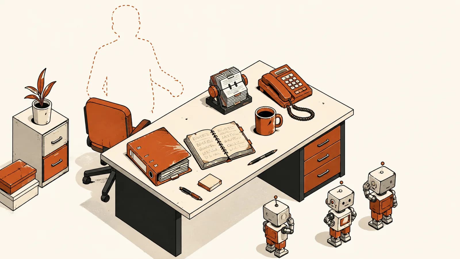 Illustratie van een leeg bureau met een verlaten stoel en een gestippelde omtrek van een persoon, met een oude ringmap, notitieboek, en drie kleine robots die ernaar kijken