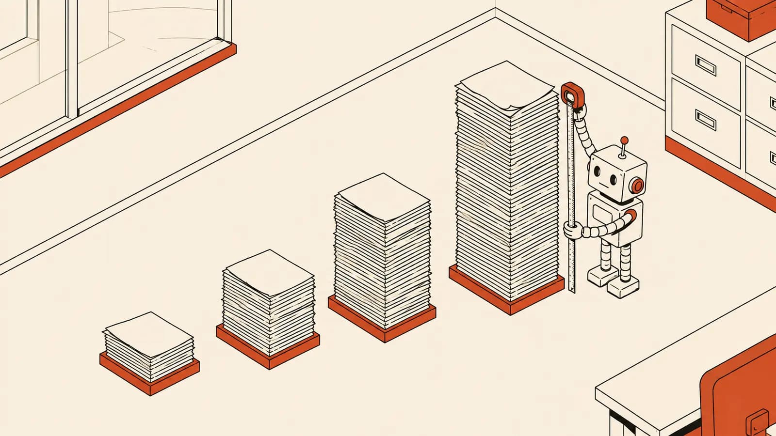 Illustratie van vier stapels papier van verschillende hoogte, met een kleine robot die de grootste stapel opmeet